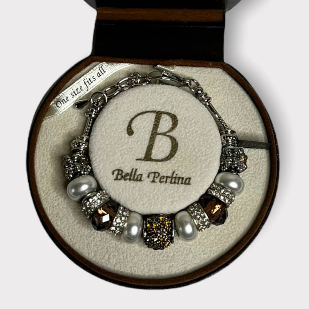 Bella Perlina Bracelet, Brown Beads, Rhinestone Charm Bracelet